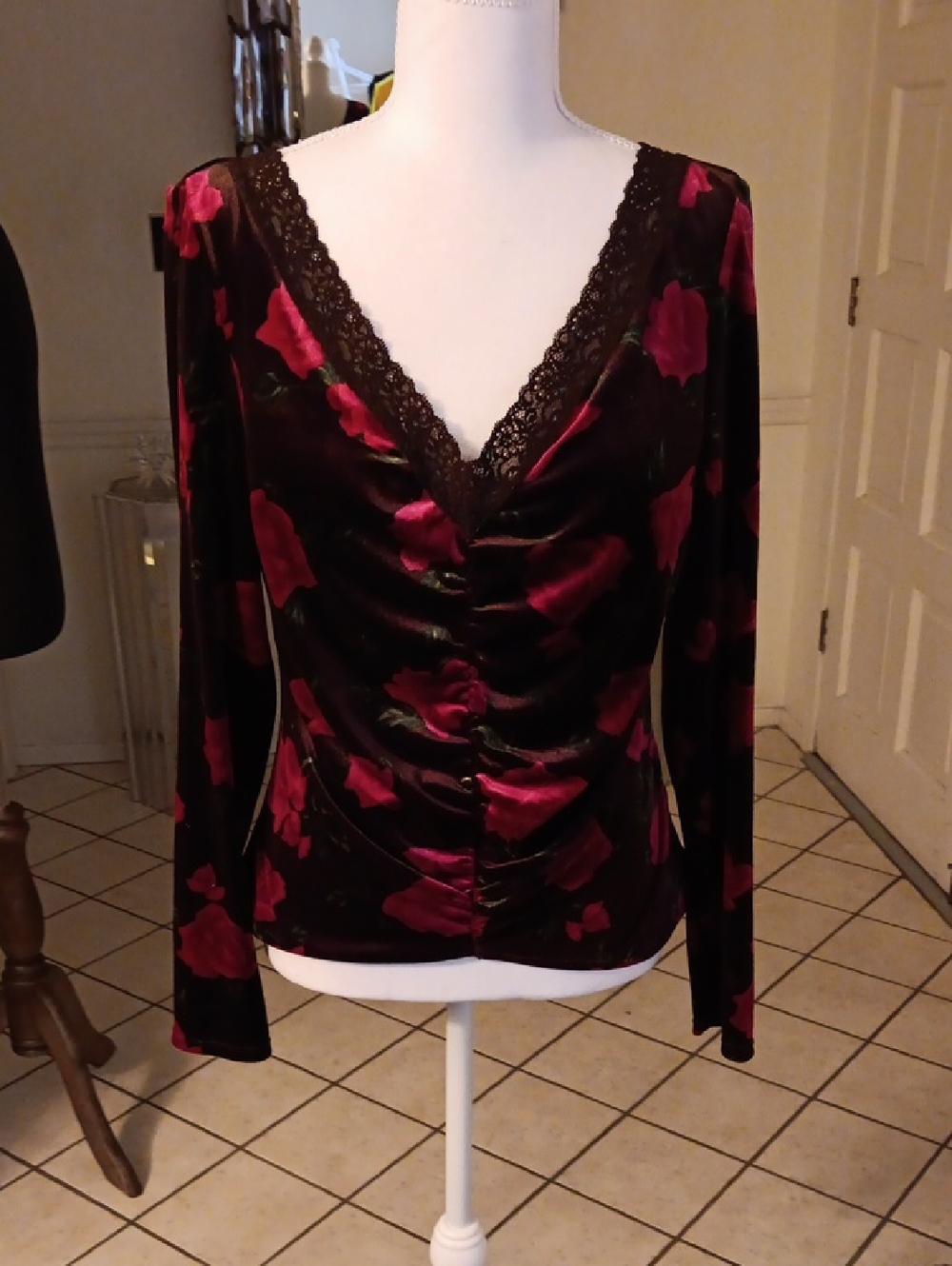 Velvet Floral V-Neck Blouse with Lace Trim